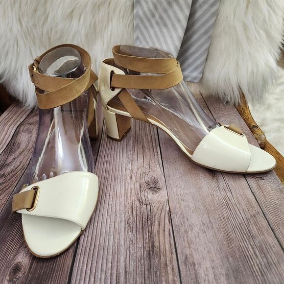 Pierre Hardy Cream/Tan Vtg Leather Ankle Wrap Block Heel Shoes Sz 40/9 - Picture 5 of 16